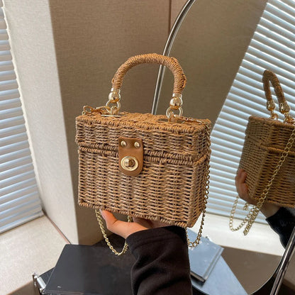 Borsa a tracolla in paglia di rattan Borsa a tracolla intrecciata a mano da donna Borsa a tracolla in paglia con scatola quadrata da spiaggia estiva per signora Bolsa Feminina