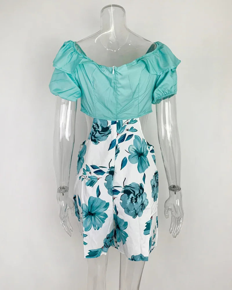 Summer Fashion Flower Print Slim Short tute donna Sexy una spalla scava fuori Bodycon tuta temperamento Lady Streetwear