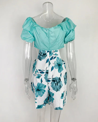 Summer Fashion Flower Print Slim Short tute donna Sexy una spalla scava fuori Bodycon tuta temperamento Lady Streetwear