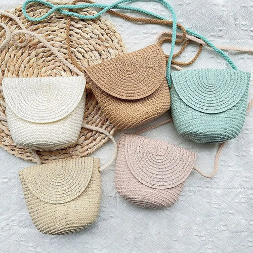 Borsa a tracolla in paglia a forma di conchiglia intrecciata a mano Borsa a tracolla per bambini Borsa da spiaggia estiva in paglia Portafoglio per busta per ragazze Wowen