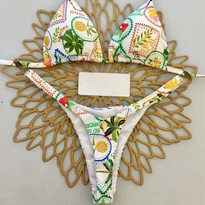 Summer Print Sexy Bikini Sets Halter Lace-up Tops Thongs Beach Style Bathing Suit Y2k Swimsuits Women Beachwear Fashion New