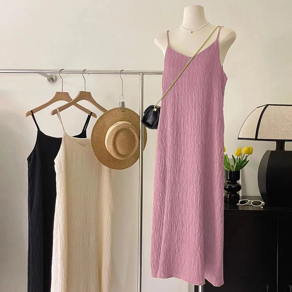 Abito a metà polpaccio senza maniche a canotta Vintage per donna nero rosa viola bianco abiti Midi pieghettati abiti da sera per ragazza vestiti