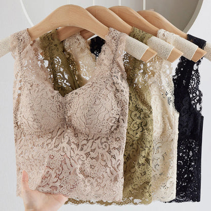 Gilet d'été sexy en dentelle à col en V profond avec coussinets de poitrine, débardeur floral brodé, caraco enveloppant la poitrine, débardeur rembourré court pour femme