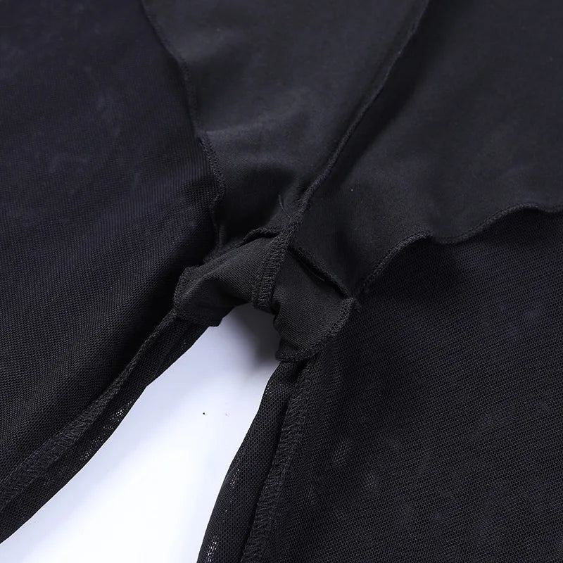 Pantaloni Donna Goth Dark Vintage Floccati Stile Gotico Sexy a Zampa d'Elefante Grunge Trasparenti in Rete a Vita Alta Punk Slim Abbigliamento Alternativo