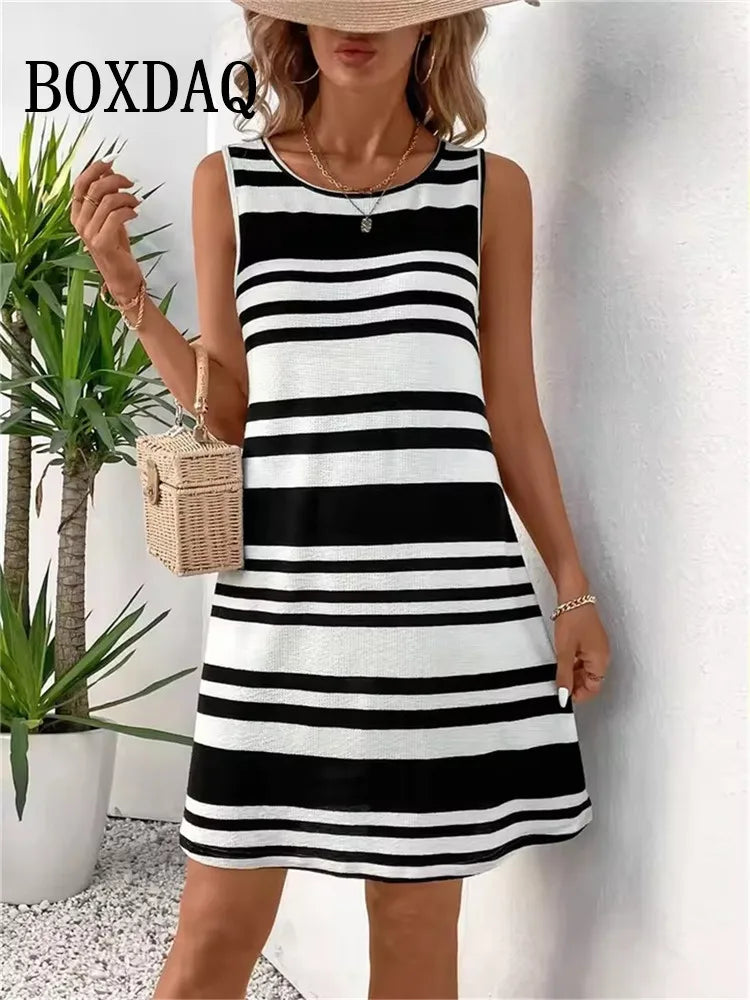 Abiti con stampa a righe Abiti estivi eleganti da donna Moda Abito a trapezio senza maniche allentato 2025 Vestito estivo Abito casual taglie forti