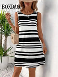 Abiti con stampa a righe Abiti estivi eleganti da donna Moda Abito a trapezio senza maniche allentato 2025 Vestito estivo Abito casual taglie forti