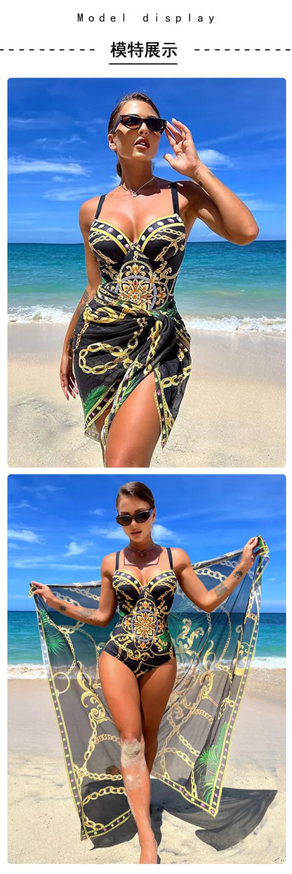 2025 Women One Piece Wired Monokini + Wrapped Skirt Black/Blue/Green Chain Printed Sexy Slim Fit Hanging Straps Hard Pack Bikini