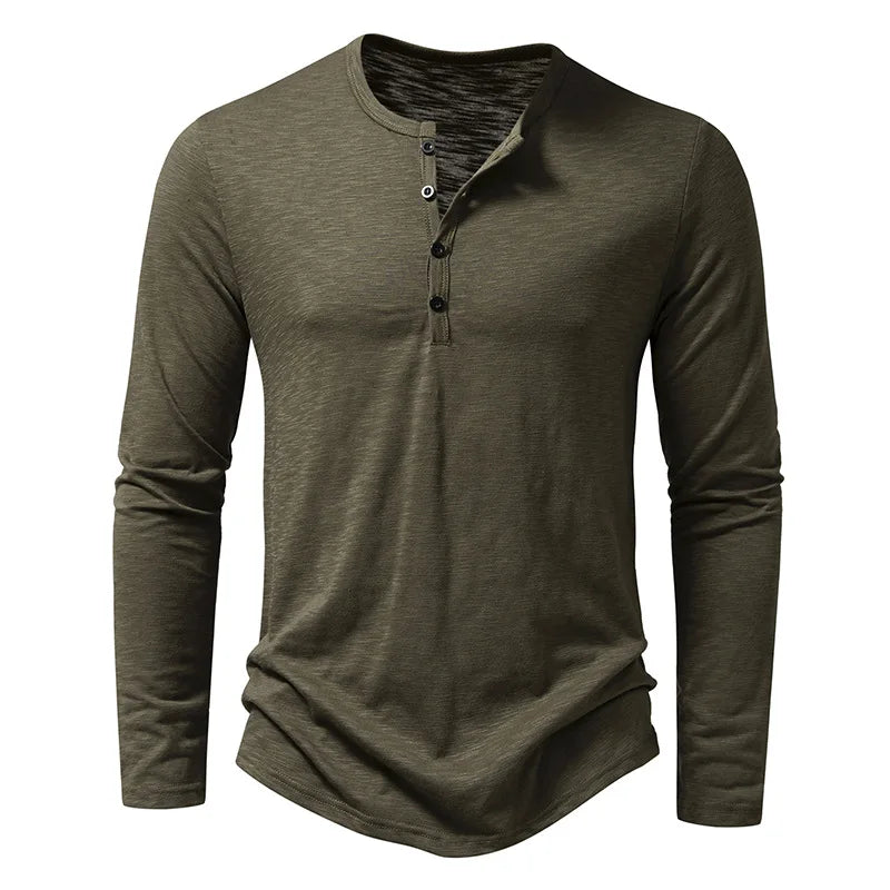 Camicia da uomo in cotone con bottoni e collo a Henley, manica lunga, bottoni casual, tinta unita, magliette alla moda
