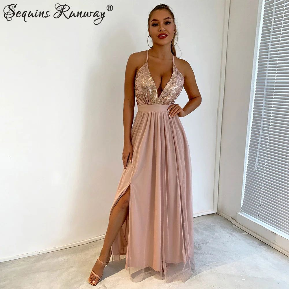 Sexy slip senza schienale Corsetto con paillettes maxi abito estivo da donna maglia lunga aderente rosso abito da festa di Natale abiti da sera da damigella d'onore