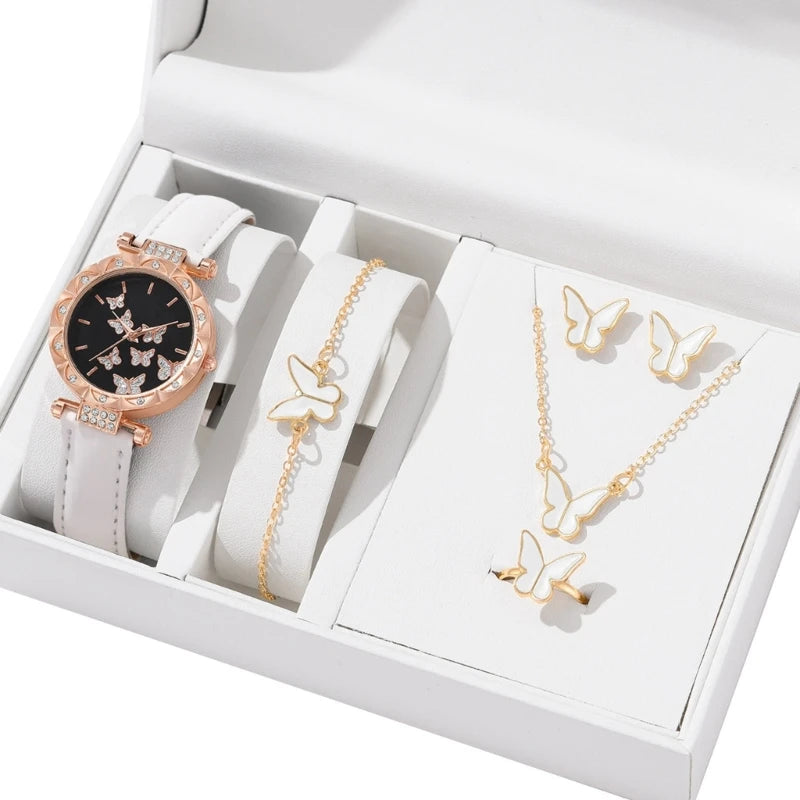 Set di gioielli a farfalla (senza scatola) orologi da donna anelli per orologi in pelle da donna collana orecchini bracciale regalo di nozze
