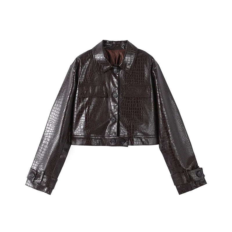 Giacca da donna in pelle PU tinta unita con colletto alla coreana e bottoni, cerniere, cappotto da donna, moda autunno 2026, capospalla femminile streetwear