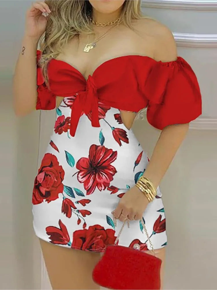 Summer Fashion Flower Print Slim Short tute donna Sexy una spalla scava fuori Bodycon tuta temperamento Lady Streetwear