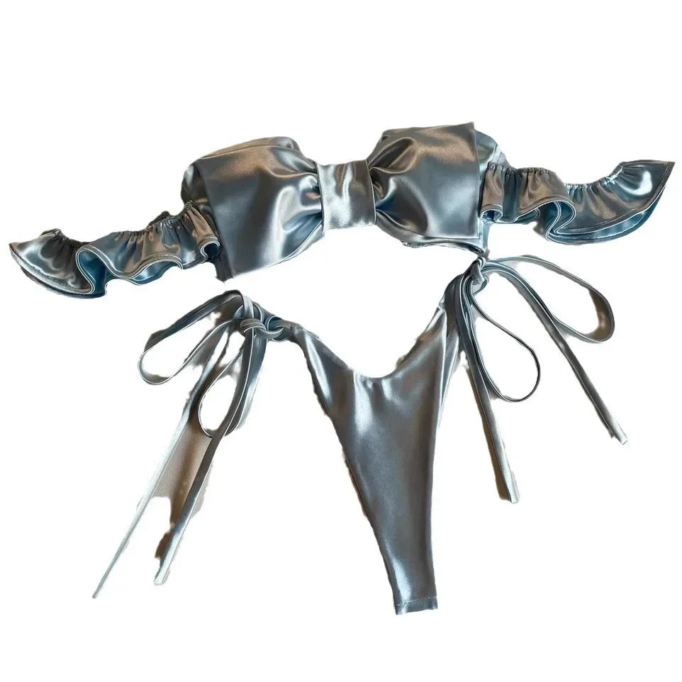 Sexy 2-teiliger rosa Bandeau-Bikini 2024 Damen Bademode Tanga-Badeanzug Große Schleife Bikinis Rüschen Koreanische Strandbekleidung Y2K Badeanzug