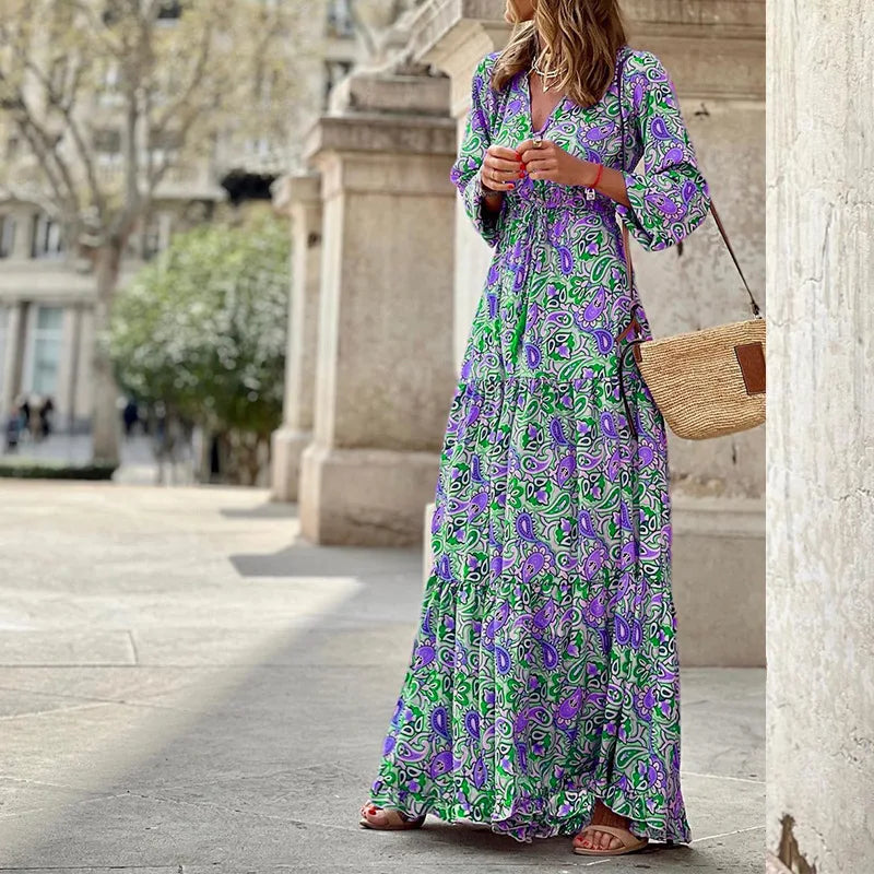 Estate da donna nuova moda stampata sexy scollo a V manica lunga vita alta elastico in vita abiti bohemien di media lunghezza