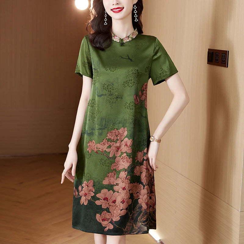 2024 seta floreale manica corta vita allentata vestito Midi donna estate lusso elegante partito abiti coreano Vintage Casual Prom Dress
