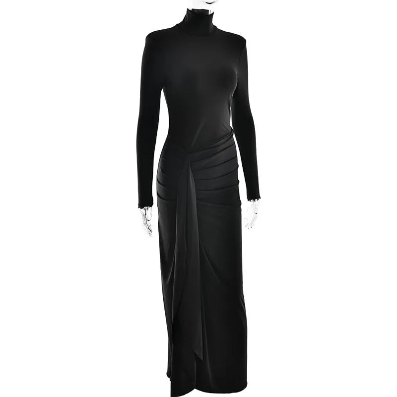 Mozision Abito lungo sexy con spacco alto e collo alto per le donne Abito lungo da club aderente con fasciatura drappeggiata a maniche lunghe alla moda