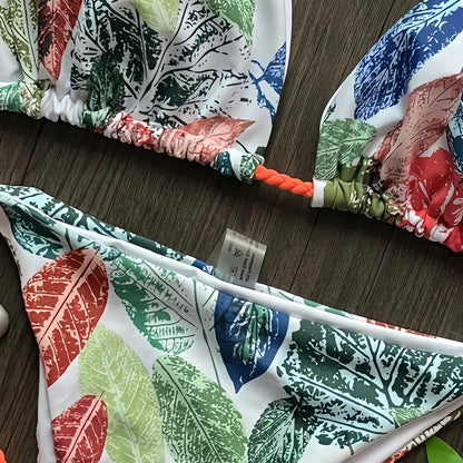 Seilgebundener Bikini Damen geteilter Badeanzug sexy 2-teiliges Set mit Dreiecksblattdruck Strandbadeanzug Sommer 2026