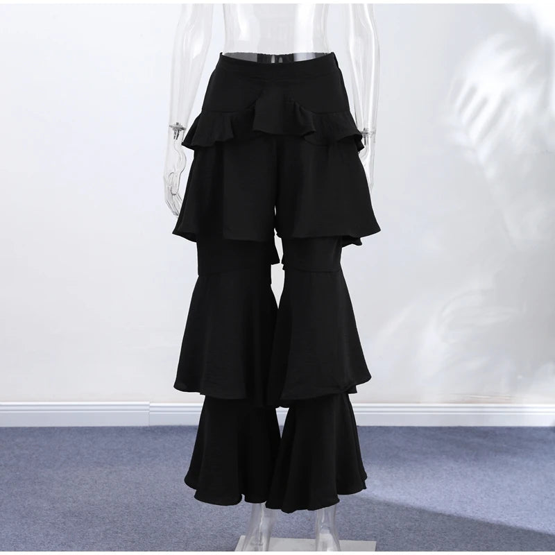 Eleganti Pantaloni a Zampa da Donna con Volant a Cascata in Chiffon a Vita Alta, Neri, Estivi 2026, Versatili, Nuovi