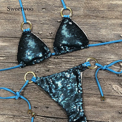 Solid Bikini Sexy Swimsuit Halter Swimwear Bathing Suit Women Bling Sequin Bikini Set Beach Wear Dropshipping Monokini Glitter