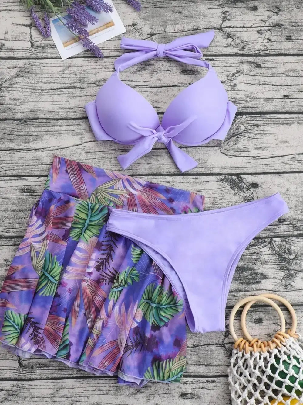 Costume da bagno tropicale a 3 pezzi con bikini halter push-up e camicia da spiaggia, per donna, collezione 2026