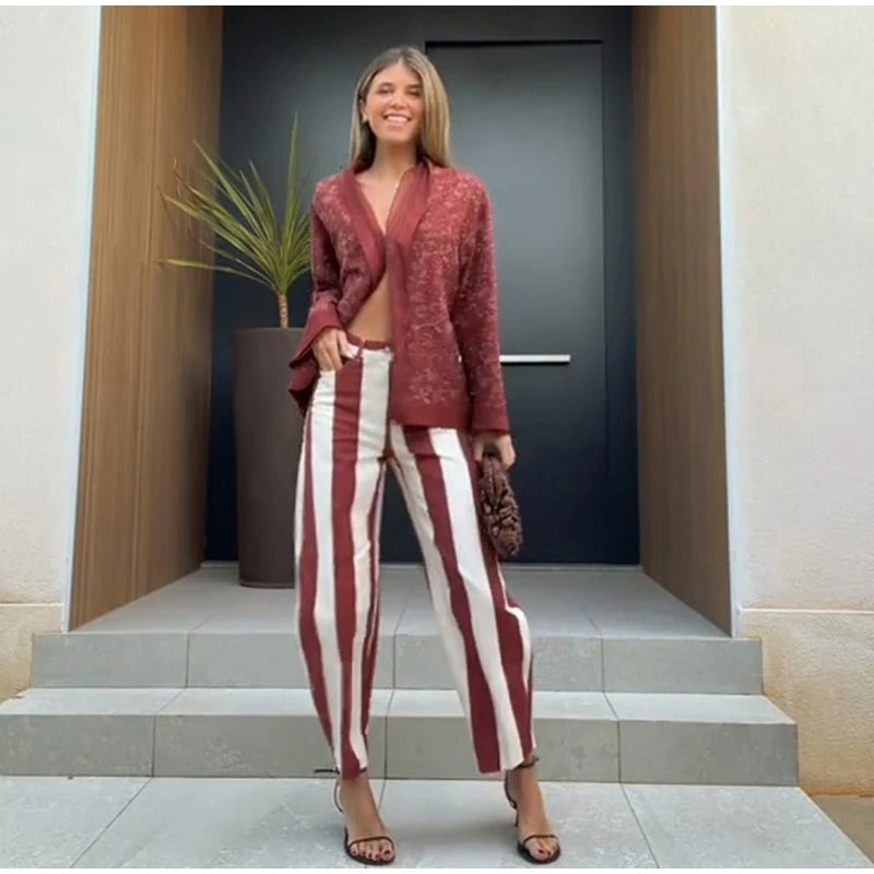 Jeans da Donna a Righe Stile Street Fashion con Cerniera, Bottone e Tasche, Gamba Larga, Pantaloni in Denim Chic Primavera Estate 2026
