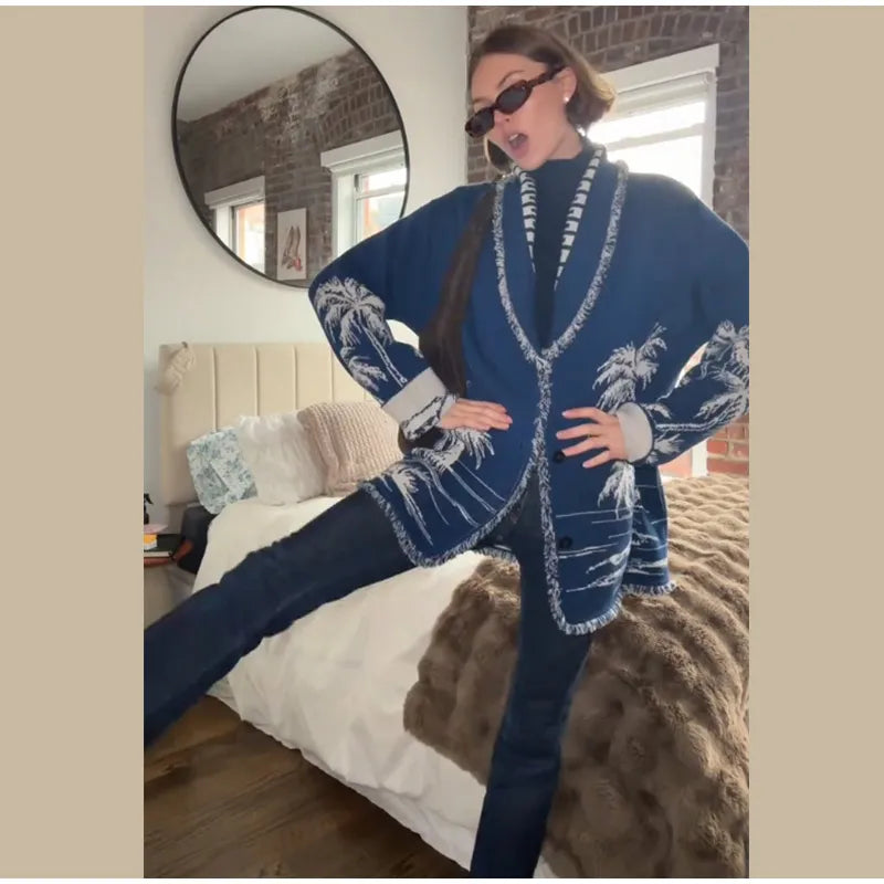 Cardigan in maglia con stampa Boho da donna Top con frange e cintura maglione a maniche lunghe con lacci 2025 Nuovo outfit capispalla High Street