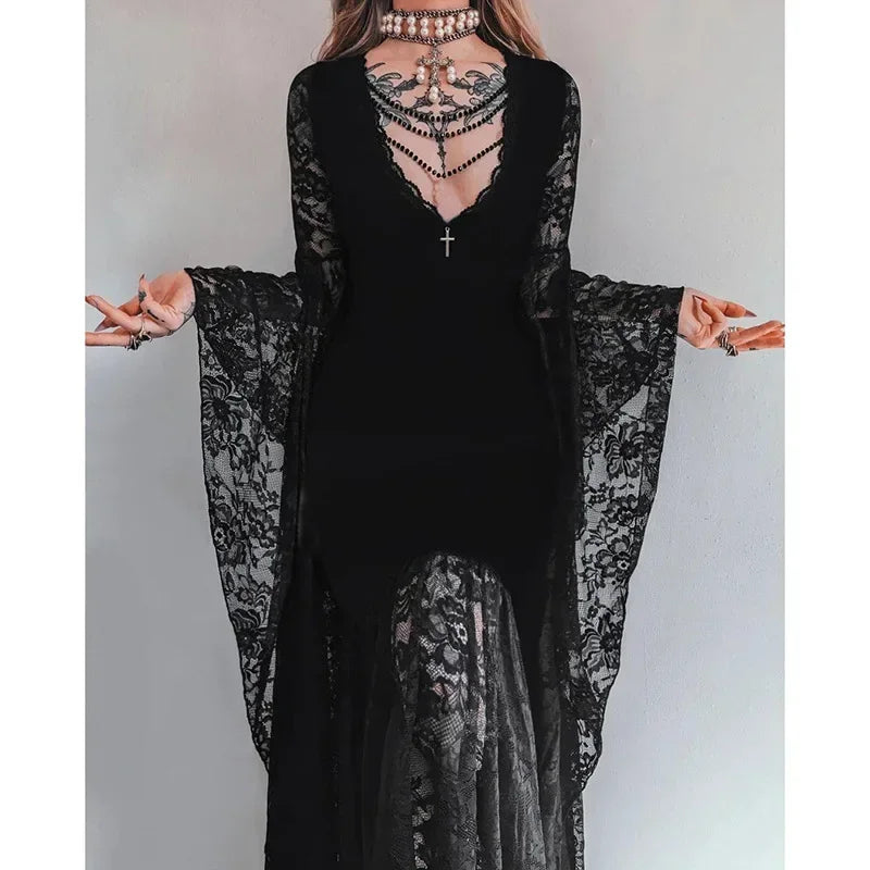 Y2K Goth floreale pizzo maglia manica svasata aderente abiti da festa sexy vintage elegante velluto nero con scollo a V abito lungo partywear
