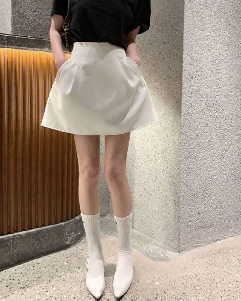 Xpqbb Minigonna bianca stile coreano per donna Streetwear Gonne corte gonfie a vita alta Gonna Y2K a trapezio semplice da donna All-Match