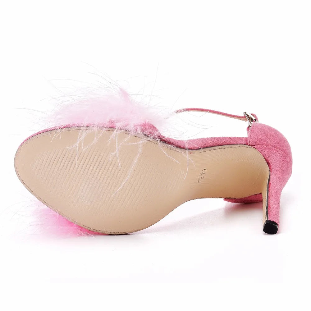 Sexy Feather High Heel Sandals Women's European  American Large 46 Fish Mouth High Heel Sandals Women Shallow Mouth Women's Shoe