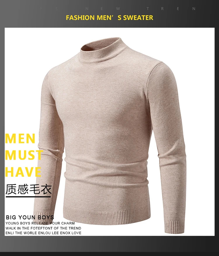 Autunno nuovo maglione da uomo mezzo collo alto basic tinta unita casual versatile girocollo lavorato a maglia con maglione elastico slim fit all'interno