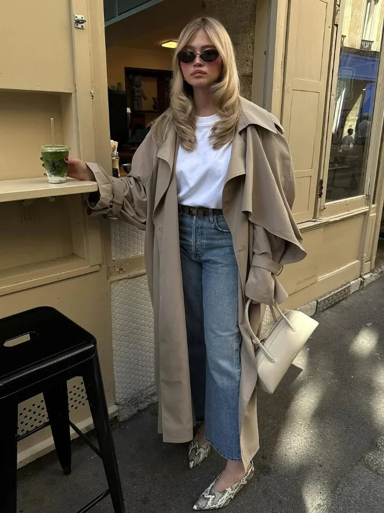 Trench lungo con lacci solido Moda donna Manica intera Risvolto monopetto Capispalla allentato Lady Autunno Cappotto Highstreet quotidiano