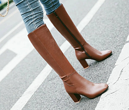 Black Long Boots Women's Fashionable Thick Heels Side Zipper Ladies Shoes Soft PU Leather Knee High Boots Plus Size 43 44 45 46