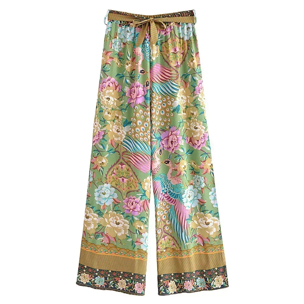 Boho Queens Donna Pavone Stampa floreale Pantaloni a gamba larga bohémien Lady Elastico in vita Sciolto Rayon Boho Pantaloni lunghi Pantaloni oversize