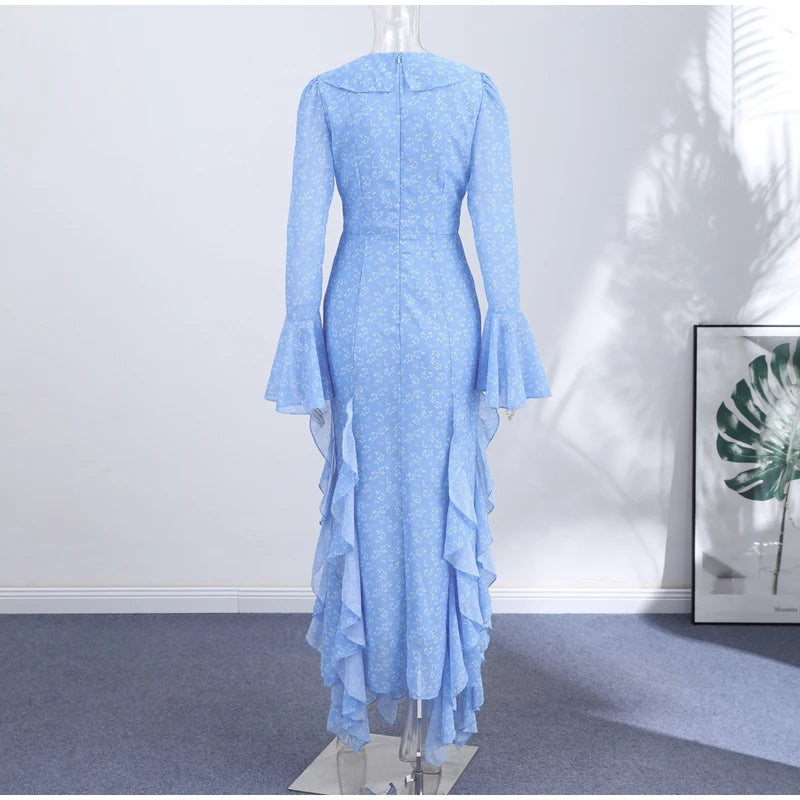 Abito Lungo da Donna con Stampa, Scollo a V, Maniche a Campana, Bordo a Foglia di Loto, Vita Alta, Vestito Maxi Aderente, Elegante Abito da Sera per Feste