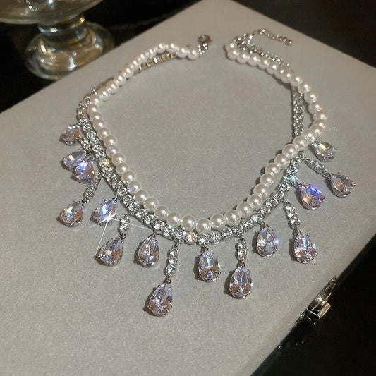 Collane girocollo di lusso con strass e cristalli per donna, collana a più strati con perle finte per feste e matrimoni, gioielli K-