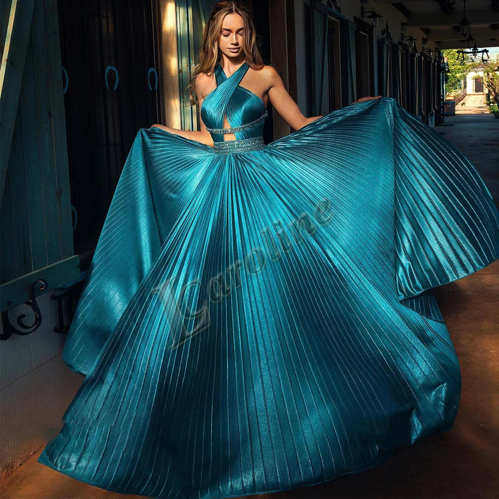 Caroline Bling Paillettes Abiti da ballo per le donne Pieghettato Fiori 3D Dubai Abito da sera formale Vestido De Formatura Personalizzato