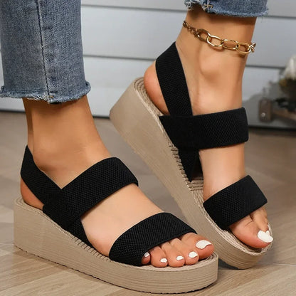 Damen-Sommersandalen, Keilsandalen, lässige Plateau-Sandalen, Knöchelriemen-Sandalen, leichte Damenschuhe in Unifarben