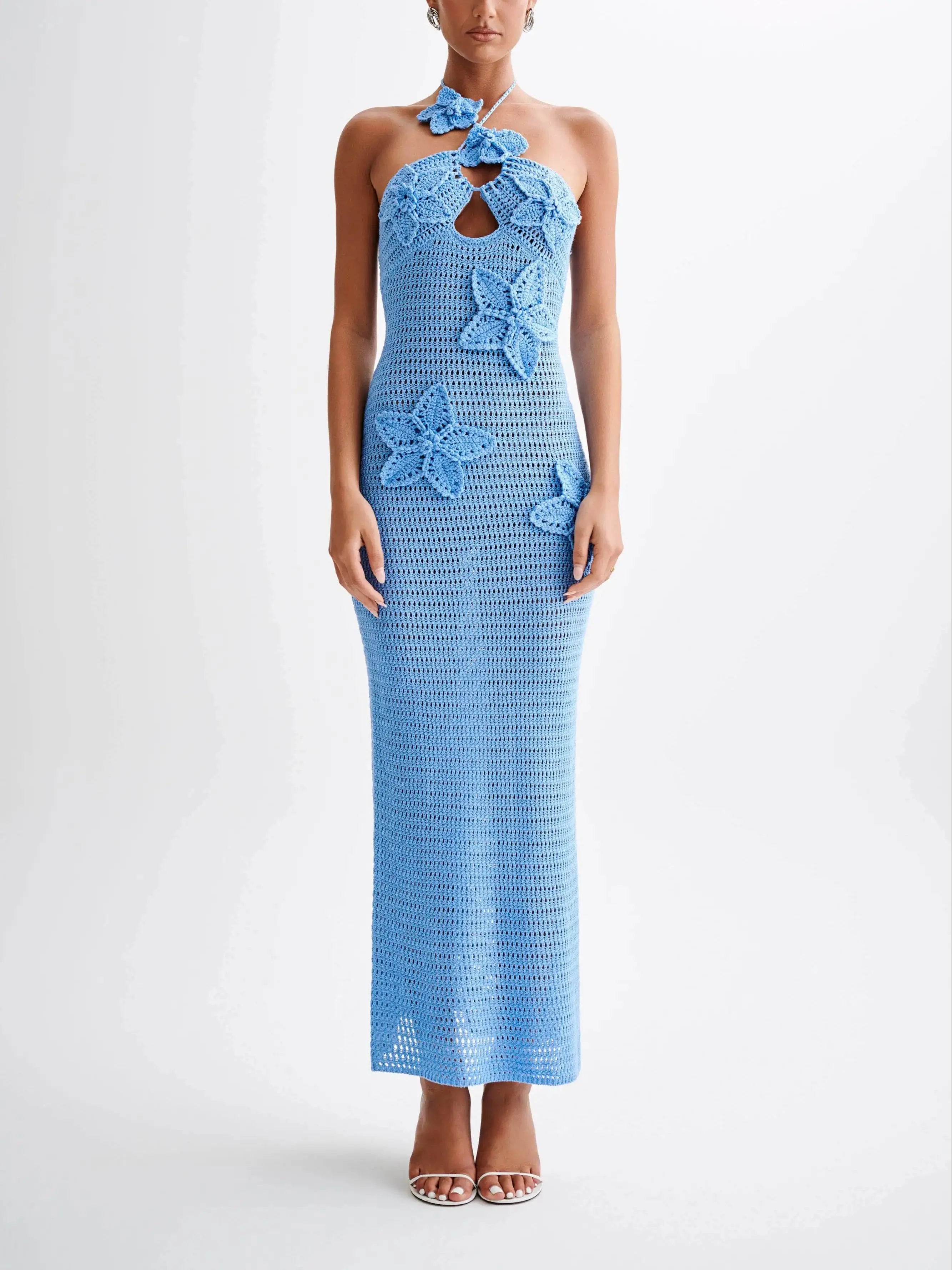 Abito lungo in maglia Abiti da festa estivi con fiori 3D da donna Copricostume elegante slim diviso maxi abiti da spiaggia per le vacanze