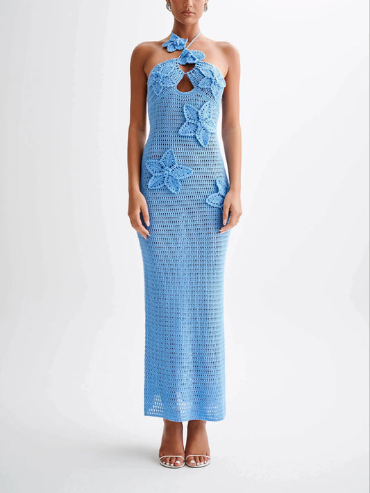 Abito lungo in maglia Abiti da festa estivi con fiori 3D da donna Copricostume elegante slim diviso maxi abiti da spiaggia per le vacanze