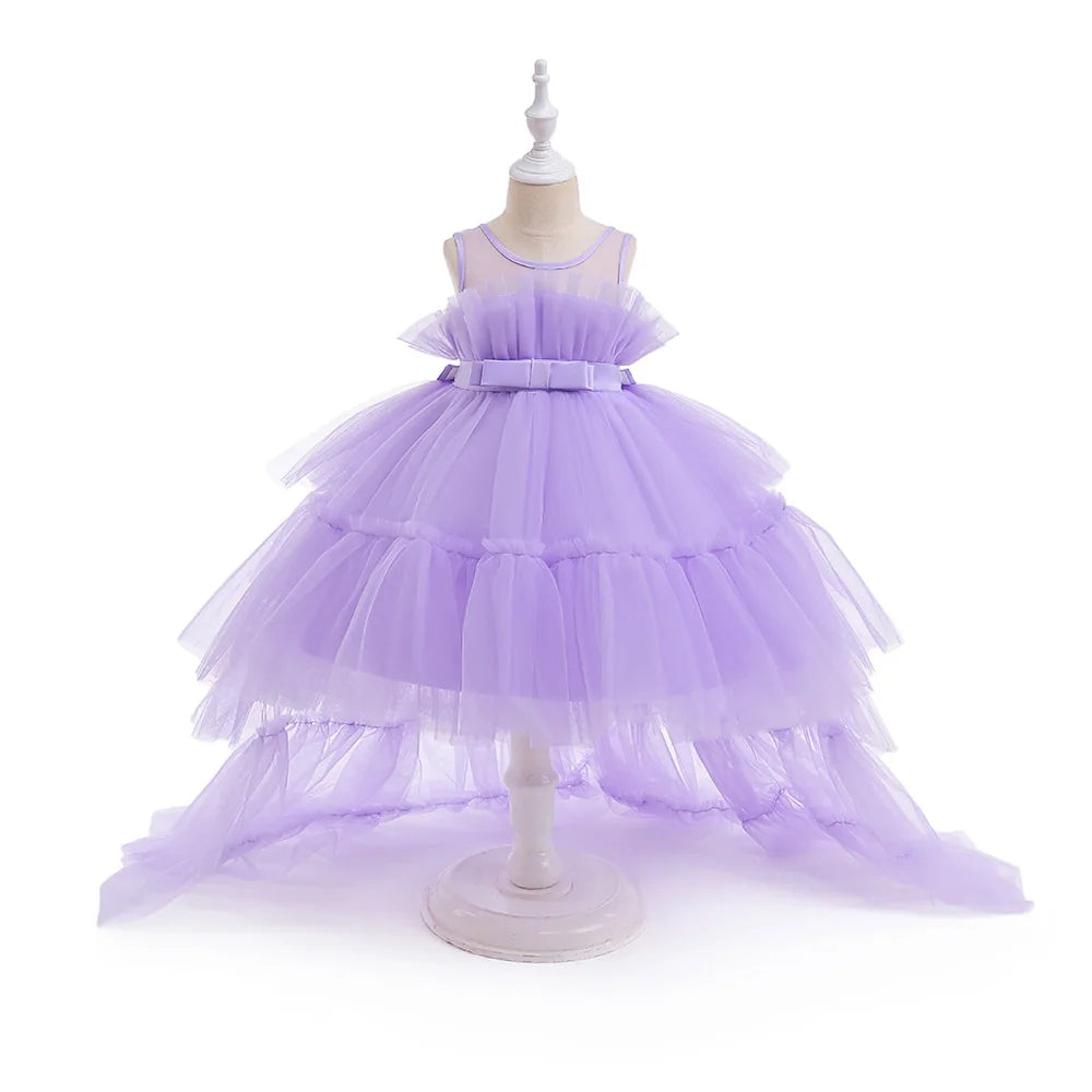 Robes d'été pour bébés filles, demoiselles d'honneur, baptême, tulle, traîne, robe de princesse de mariage, anniversaire, robe de première communion pour filles, avec nœud.