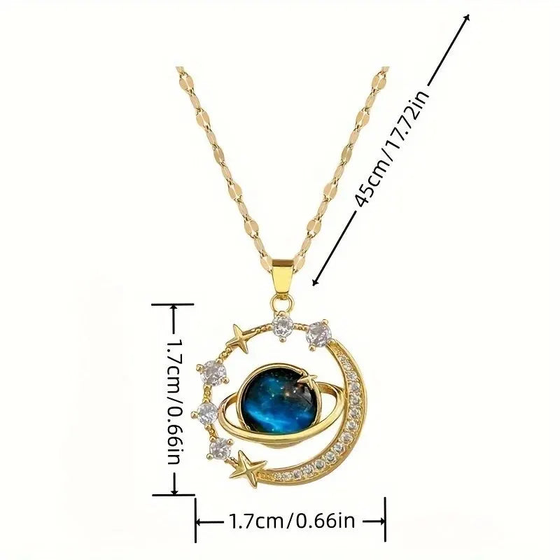 Collana in Acciaio Inossidabile con Ciondolo a Forma di Pianeta e Cielo Stellato, Elegante e Versatile