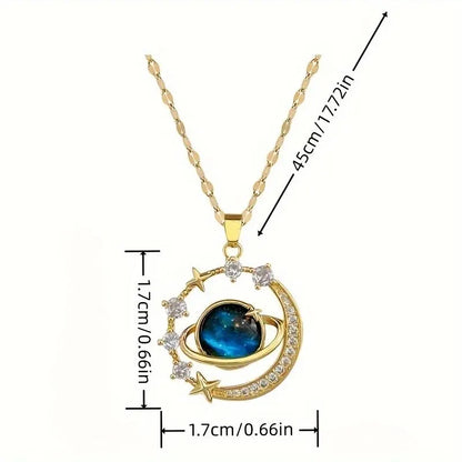 Collana in Acciaio Inossidabile con Ciondolo a Forma di Pianeta e Cielo Stellato, Elegante e Versatile
