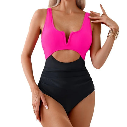 2025 New Summer Swimwear Women Swimsuit One Piece Bathing Suit Square Neck Cutout Back Block Color Beach Wear