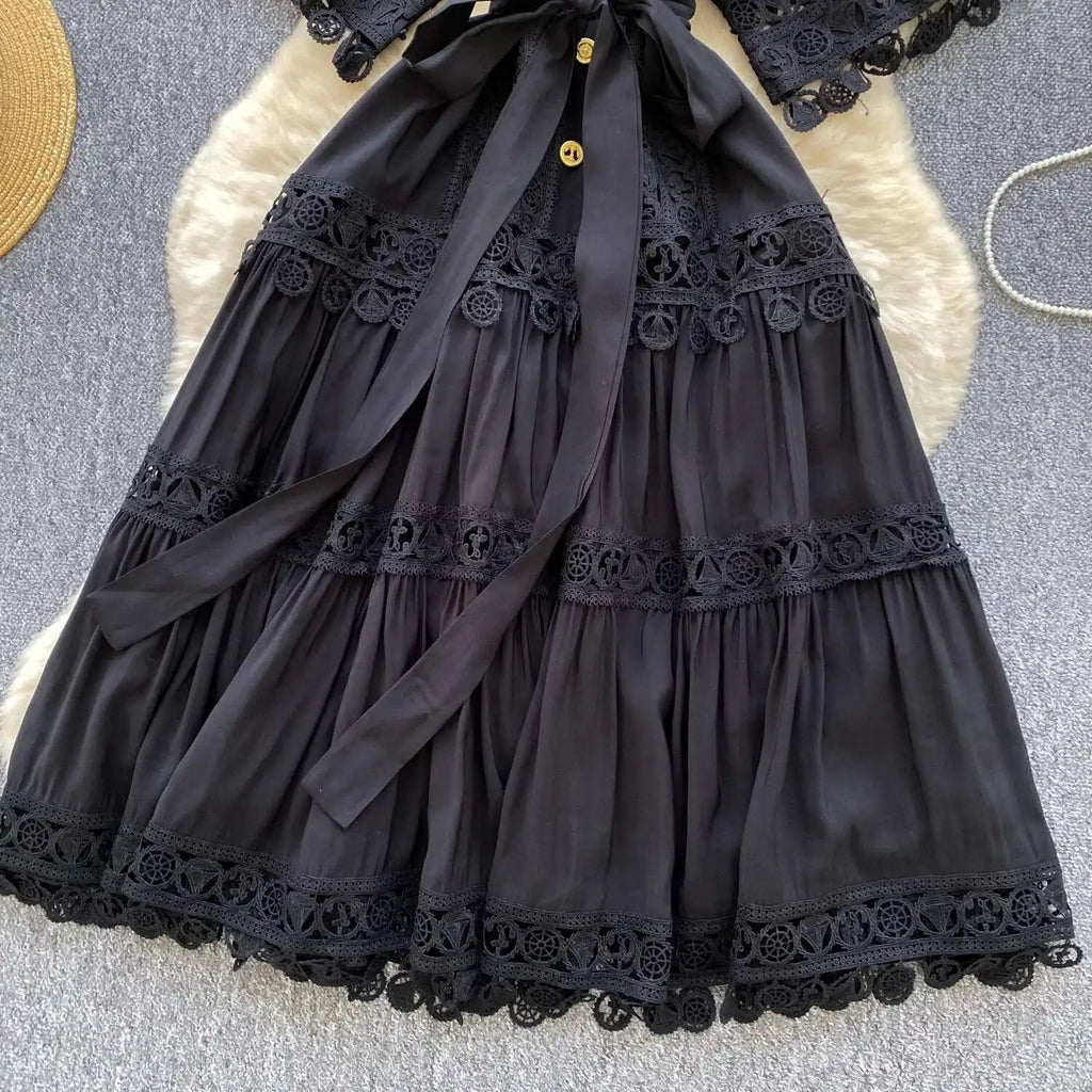Abiti midi scavati di lusso Camicia da donna Vacanza estiva Elegante bottone monopetto Cintura in pizzo Ricamo Vestido lungo da festa