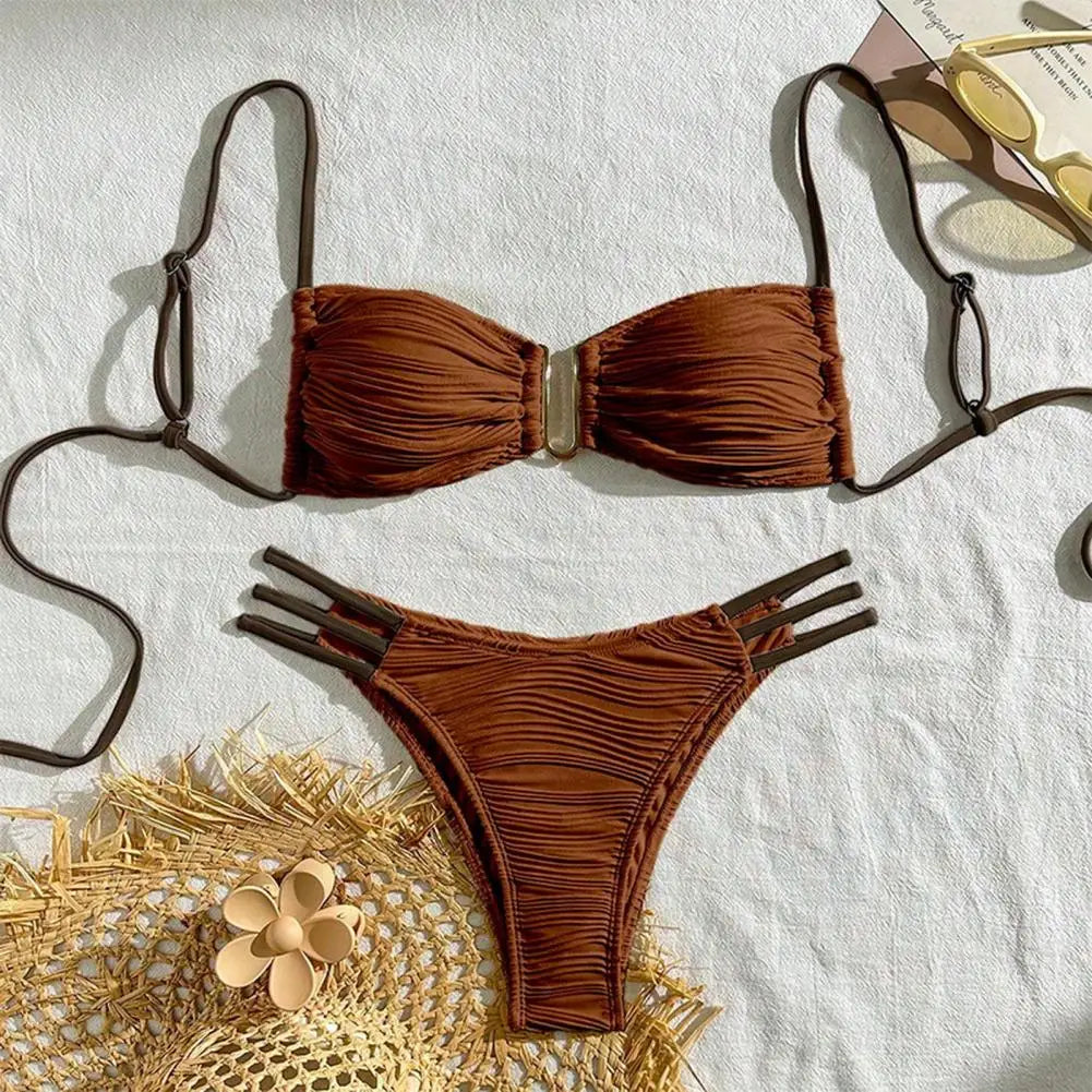 2 pezzi/set donna costume da bagno diviso bikini set fionda fascia reggiseno imbottito texture antirughe slip set moda costumi da bagno sexy