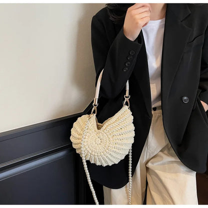 Borse a tracolla da donna all'uncinetto a forma di conchiglia creativa Divertenti catene di perle carine Borsa a tracolla in tessuto fatto a mano Novità piccole borse