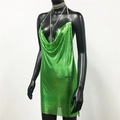 AKYZO Mini abito patchwork con paillettes dorate sexy Donna senza maniche Taglio basso Catene di metallo Halter Slim Abiti da festa da discoteca affascinanti
