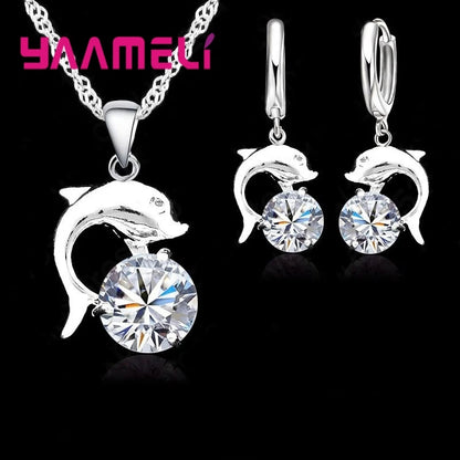 Ensembles de bijoux pour femmes et jeunes filles en argent sterling 925, couleur, mariage, fiançailles, zircon cubique, pendentif dauphin, collier, boucles d'oreilles créoles