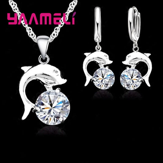 Ensembles de bijoux pour femmes et jeunes filles en argent sterling 925, couleur, mariage, fiançailles, zircon cubique, pendentif dauphin, collier, boucles d'oreilles créoles