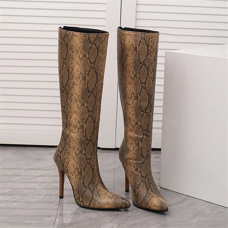 2025 White Snake Print Leather Knee High Boots Thin Heel Zipper Sexy Party Shoe Pointy Toe Thigh High Woman Long Boot Size 34-43